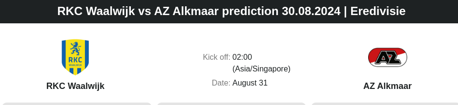 RKC Waalwijk vs AZ Alkmaar prediction 30.08.2024 | Eredivisie - ตลาดลูกหนัง ทีเด็ดบอลเต็ง