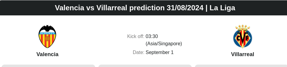 Valencia vs Villarreal prediction 31/08/2024 | La Liga - ตลาดลูกหนัง ทีเด็ดบอลเต็ง