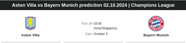 Aston Villa vs Bayern Munich prediction 02.10.2024 | Champions League - ตลาดลูกหนัง ทีเด็ดบอลเต็ง