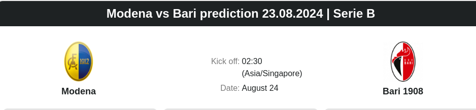 Modena vs Bari prediction 23.08.2024 | Serie B  - ตลาดลูกหนัง ทีเด็ดบอลเต็ง