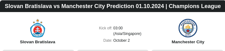 Slovan Bratislava vs Manchester City Prediction 01.10.2024 | Champions League - ตลาดลูกหนัง ทีเด็ดบอลเต็ง