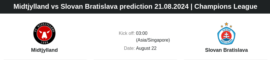 Midtjylland vs Slovan Bratislava prediction 21.08.2024 | Champions League - ตลาดลูกหนัง ทีเด็ดบอลเต็ง